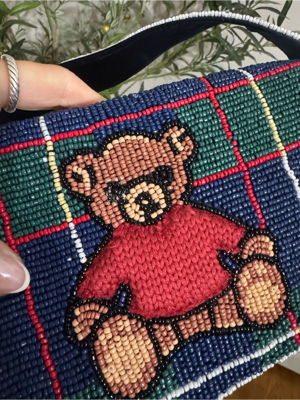 MADE IN INDIA beaded plaid teddy bear flap shoulder bag - Picture 7 of 7